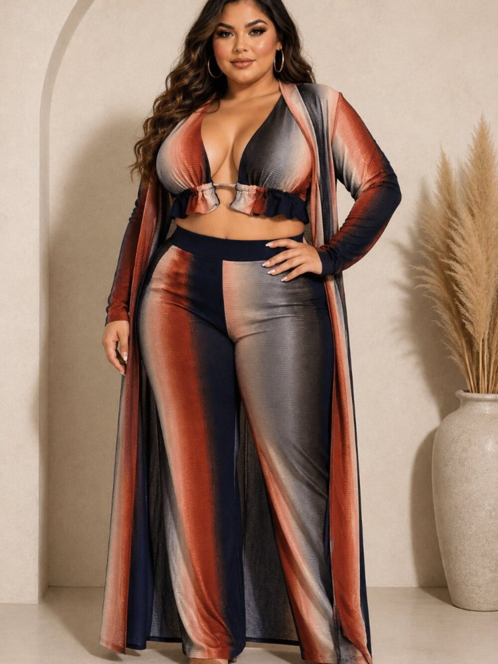 Plus Size Brown and Blue Straight Leg Three-Piece Set for Night Out